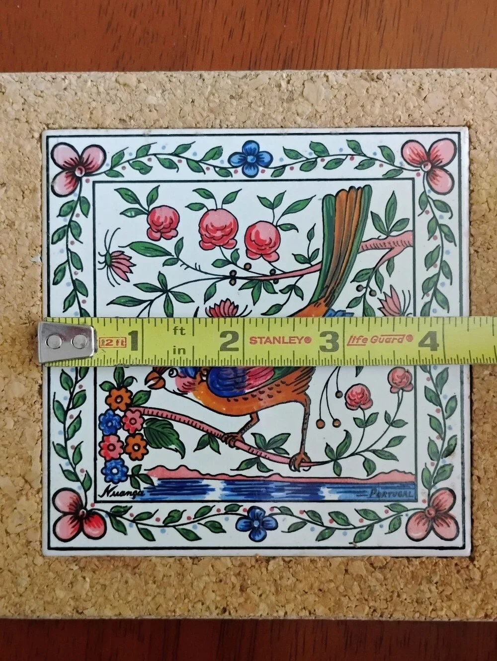 VTG Portugal Birds & Flowers Hand Painted Tile & Cork Trivets/Wall Hangers (2)
